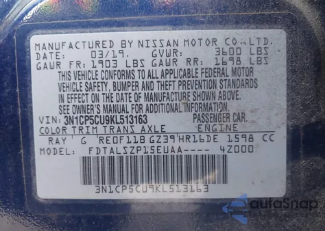 2019 Nissan Kicks Sv z USA, uszkodzony, nr VIN 3N1CP5CU9KL513163